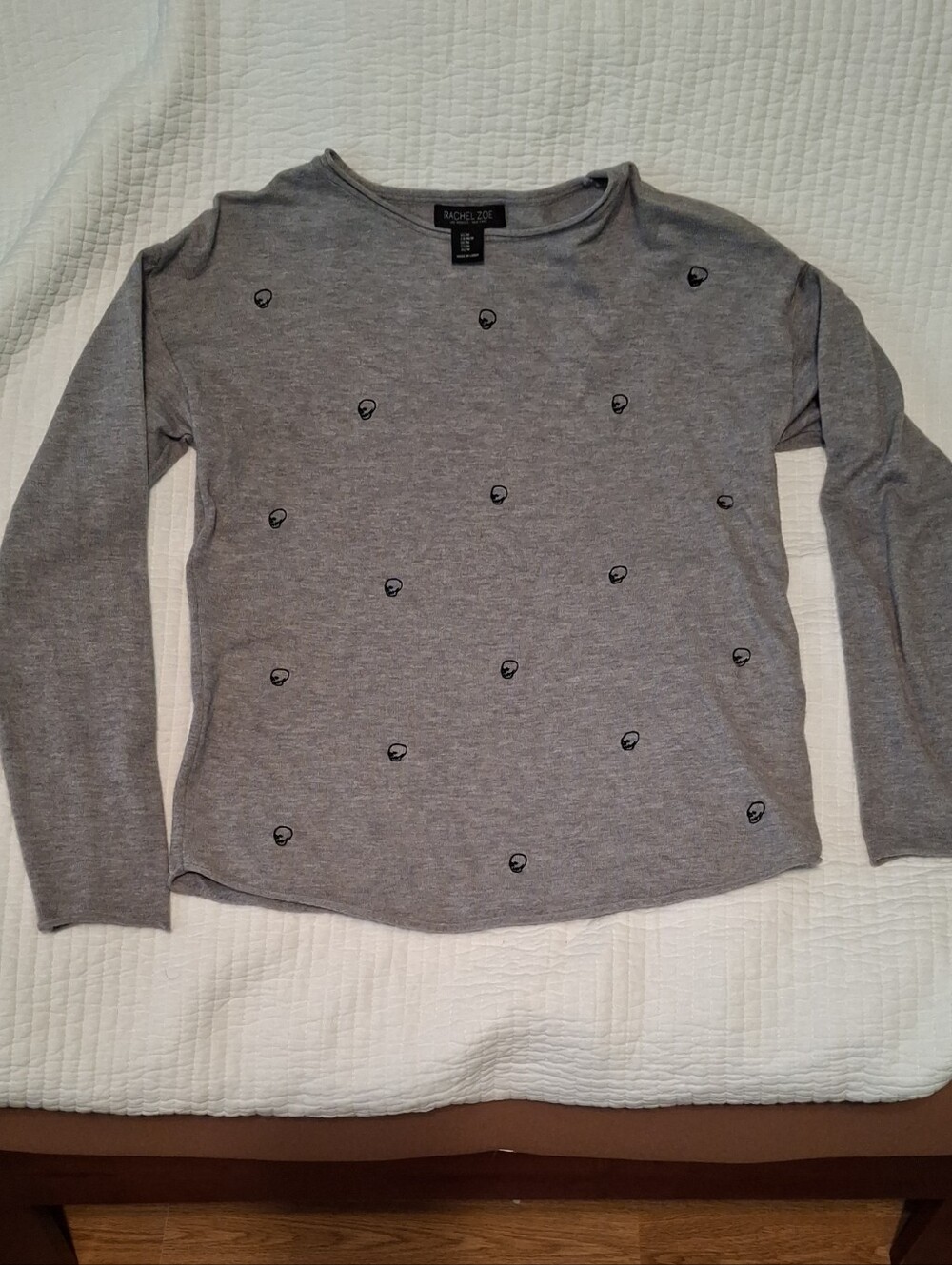 Rachel Zoe Gray Long Sleeve Tee with Tiny Skull Motif